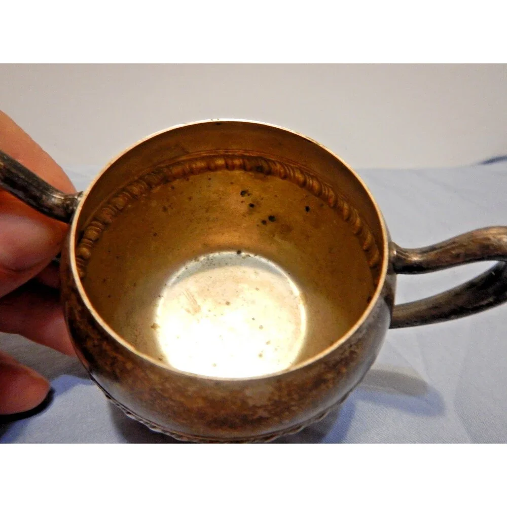 Antique Silverplate Sugar Bowl Twin Handle Footed Gadroon Border Scroll Feet